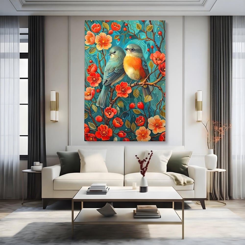 Tablou canvas cu tablou canvas cu pasari pe creanga, fara rama, pe sasiu de lemn, pe perete intr-un living